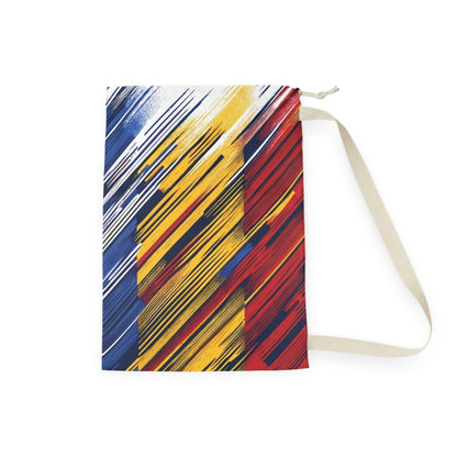 Colorful abstract brushstroke laundry bag with red, yellow, and blue designs by Printify, ideal for dorms and travel storage.