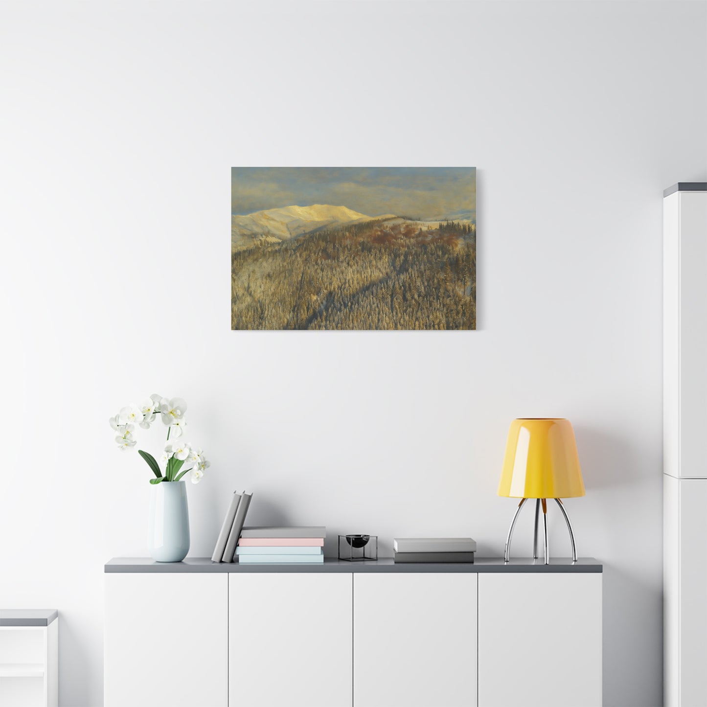 Mountain Serenity Stretched Canvas Art, Winter Landscape Wall Decor, Nature Print for Home, Gift for Nature Lovers, Cozy Interior Accent