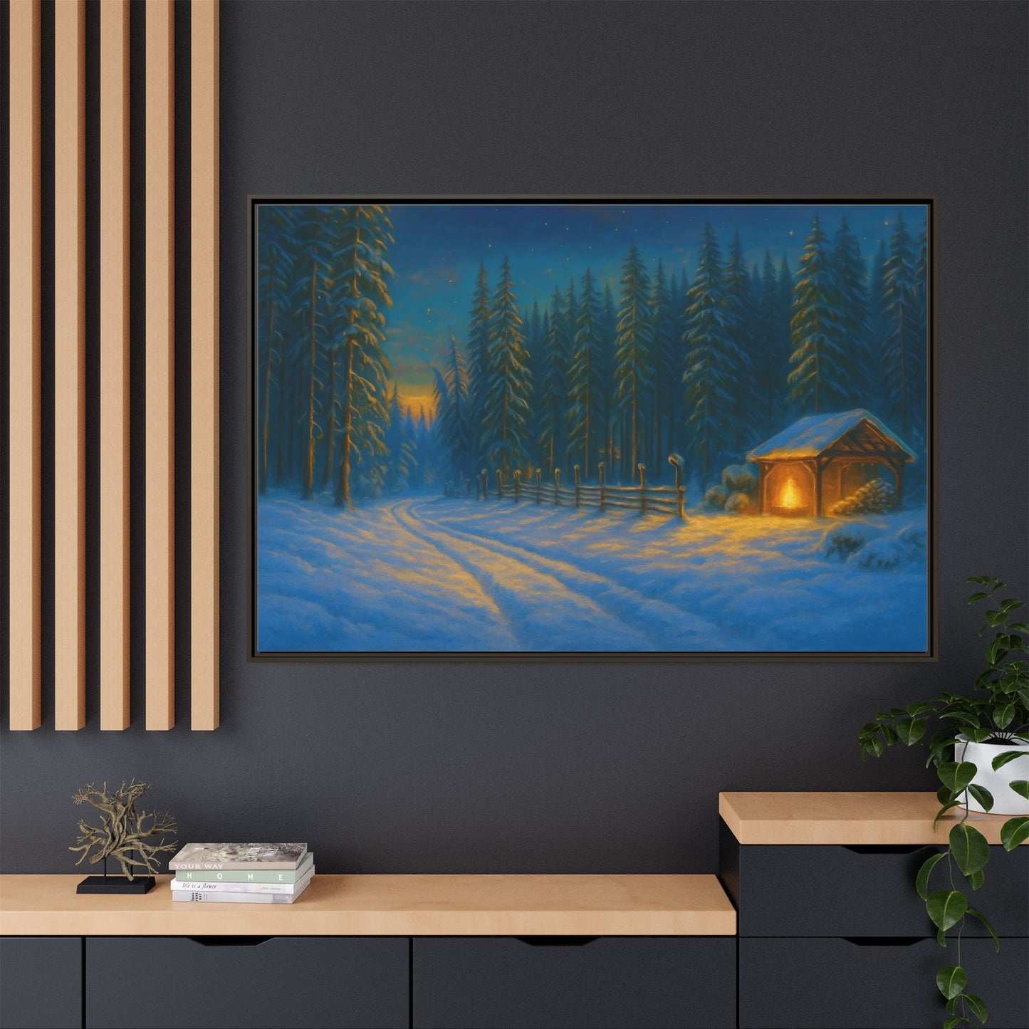 Framed Winter Landscape Canvas, Cozy Cabin Art, Christmas Decor, Winter Home Decor, Holiday Gift, Wall Art - TRV