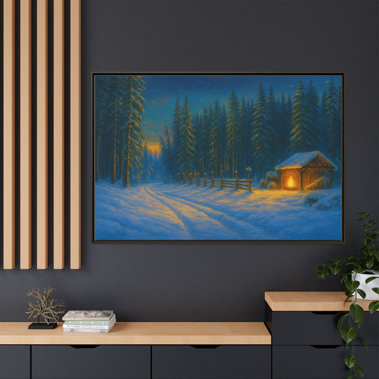 Framed Winter Landscape Canvas, Cozy Cabin Art, Christmas Decor, Winter Home Decor, Holiday Gift, Wall Art - TRV