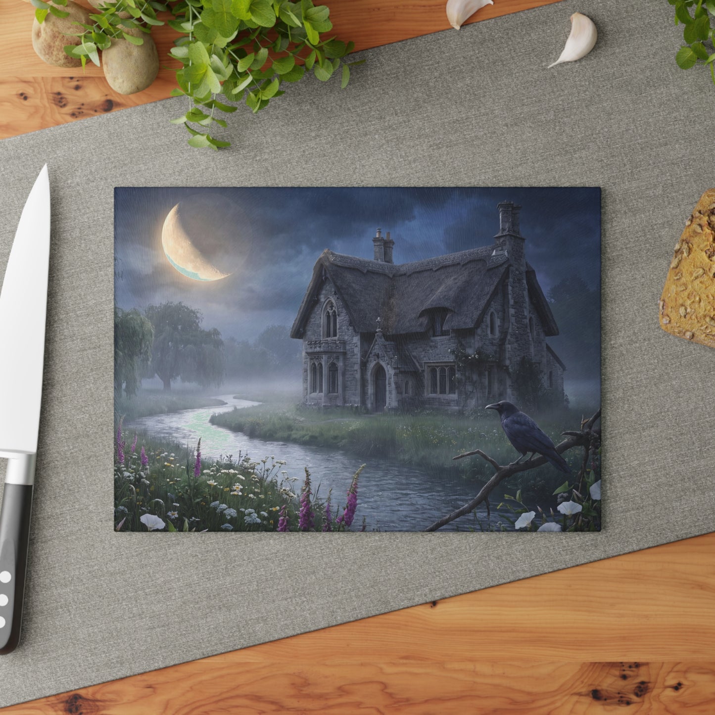 Moonlit Cottage river scene Glass Cutting Board | mystical night landscape
