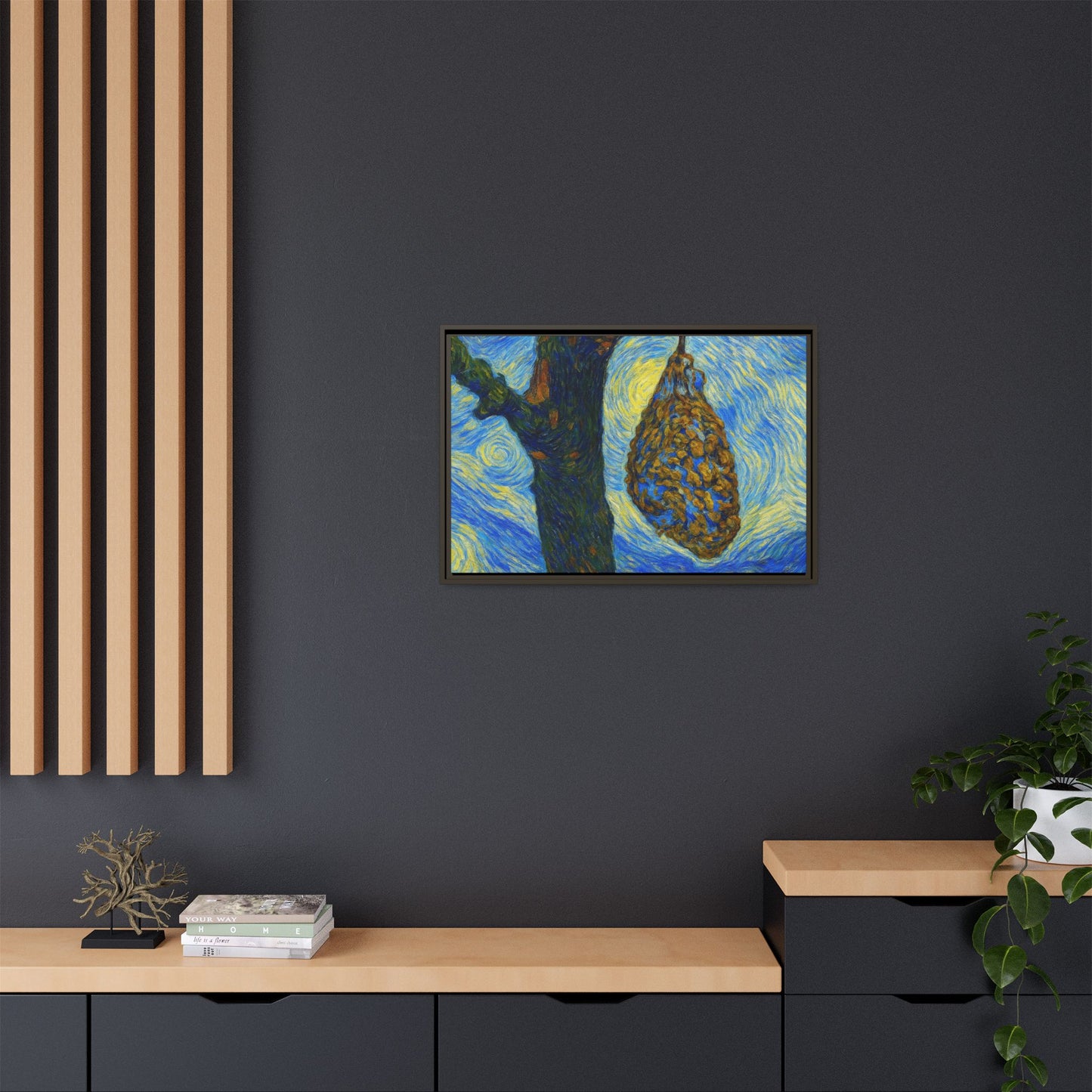Framed Matte Canvas Art — Van Gogh-Style Swirling Night with Hanging Beehive