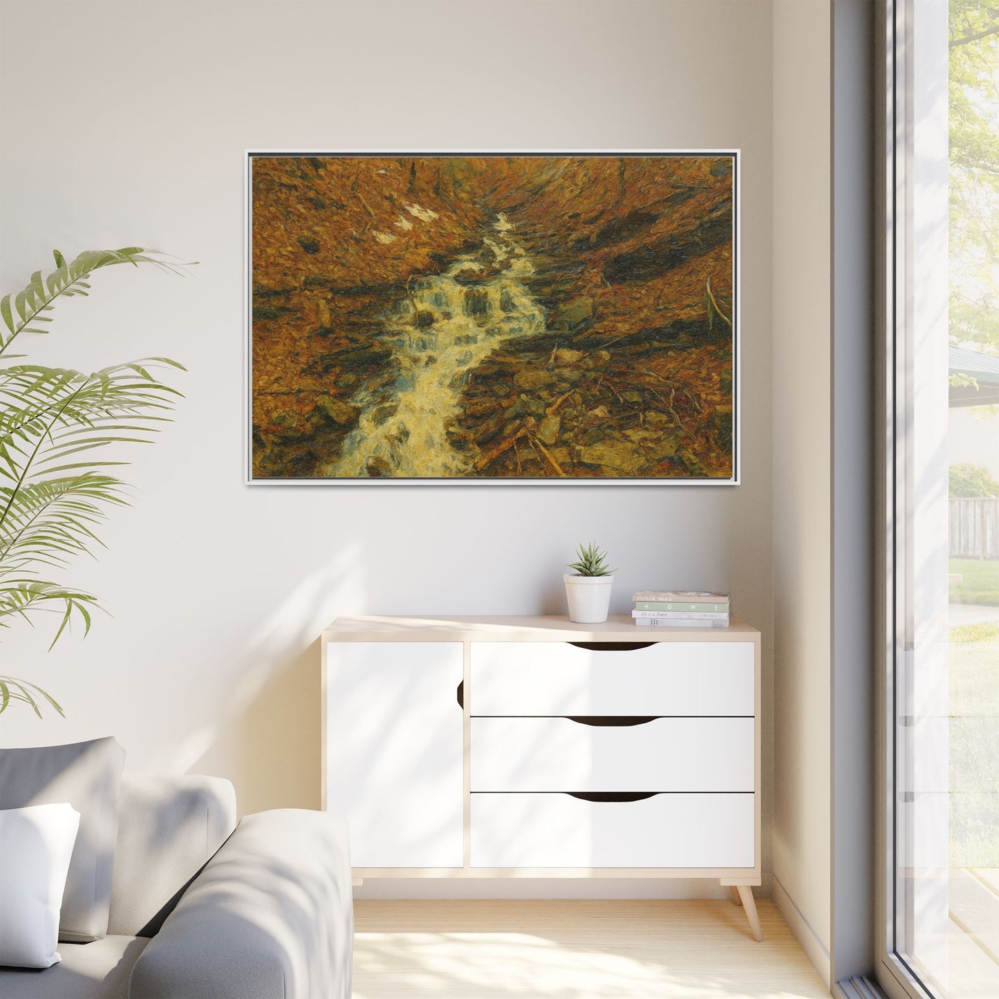 Serene Abstract Nature Canvas Art, Framed Wall Decor, Rustic Home Accent, Earthy Tone Artwork, Tranquil River Scene - TRV