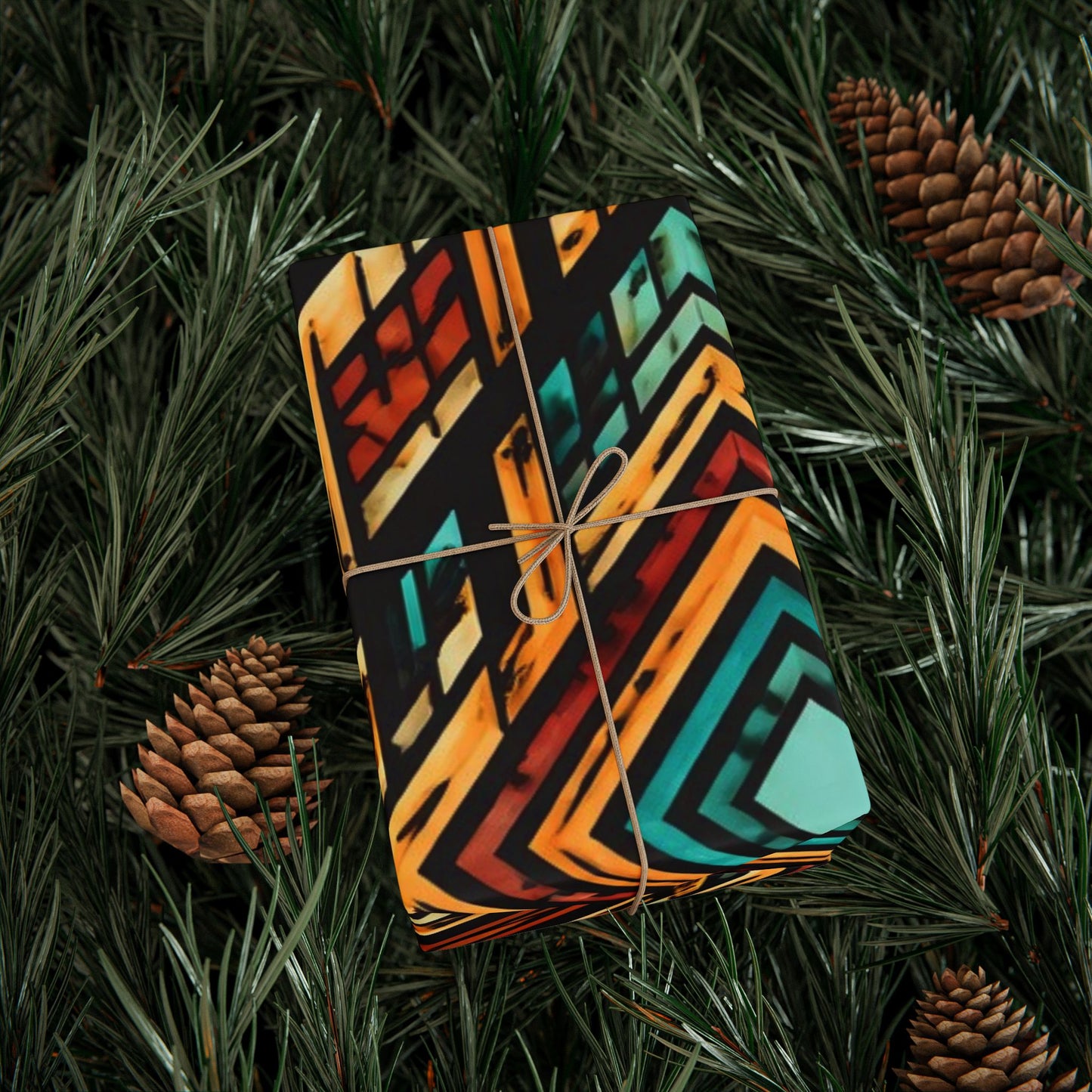 Geometric Boho Wrapping Paper Roll — Teal & Burnt Orange Tribal Pattern