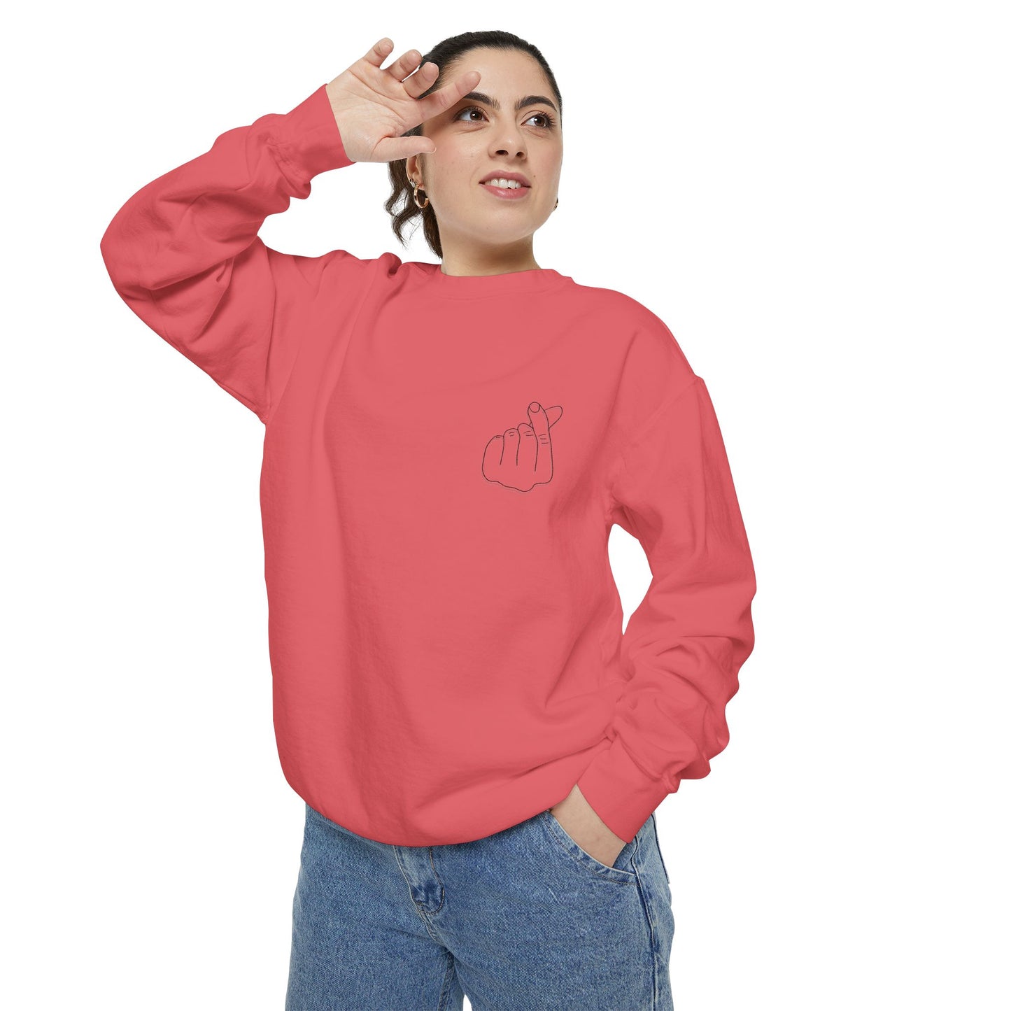 Minimalist Peace Hand Sweatshirt — Small Chest Line Art Crewneck