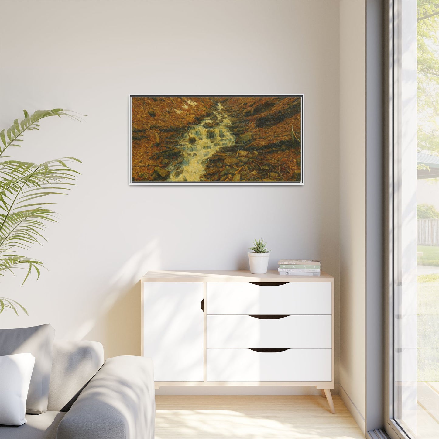 Serene Abstract Nature Canvas Art, Framed Wall Decor, Rustic Home Accent, Earthy Tone Artwork, Tranquil River Scene - TRV