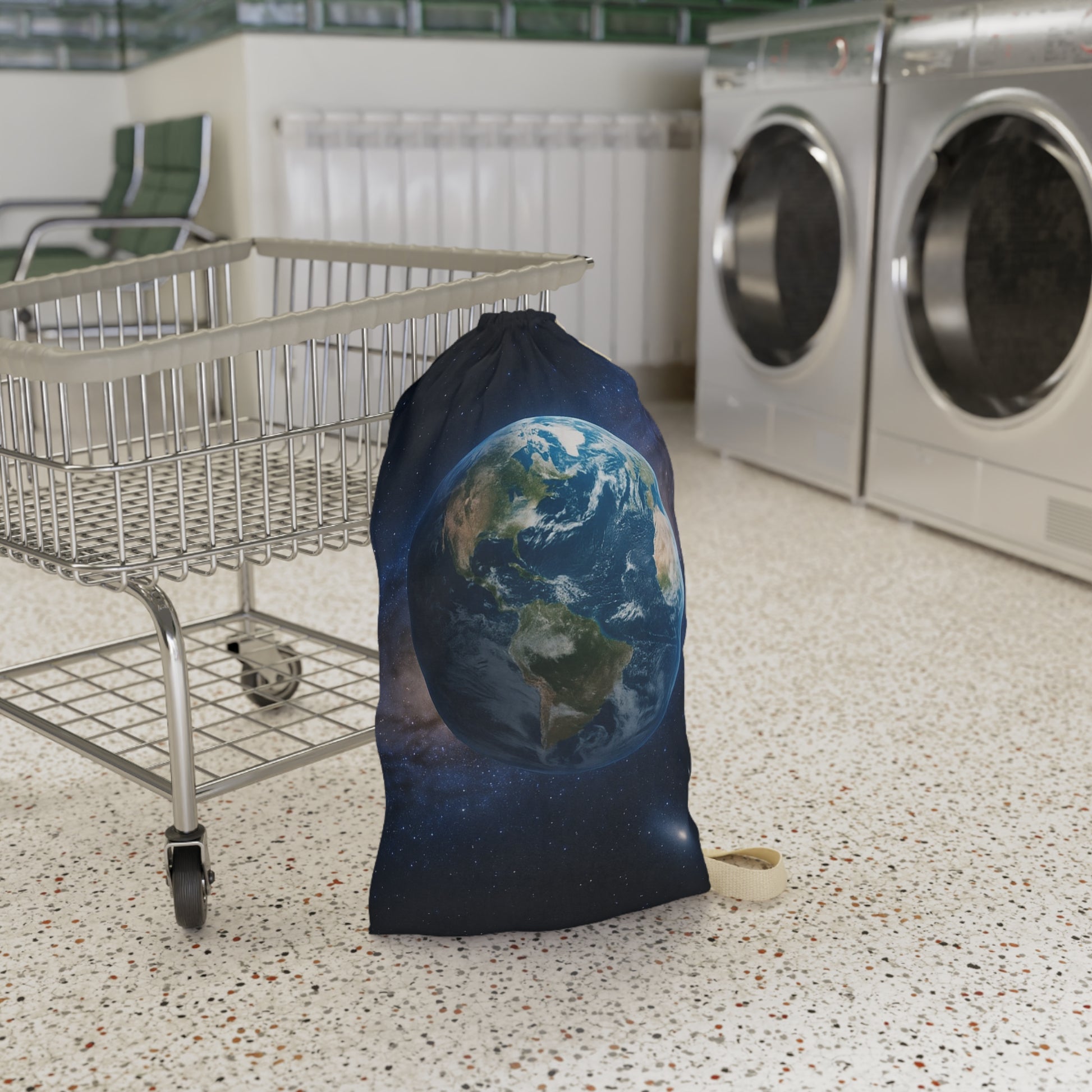 Earth Globe Laundry Bag | Planet Space Print, Drawstring Canvas Pouch - TRV