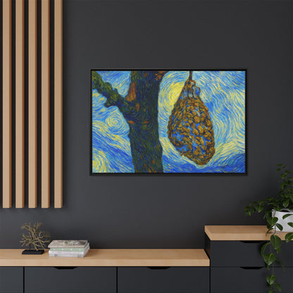 Framed Matte Canvas Art — Van Gogh-Style Swirling Night with Hanging Beehive