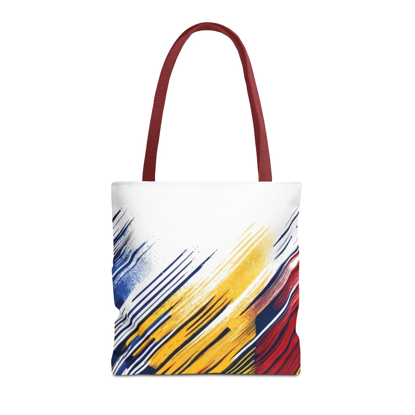 Abstract brushstroke tote bag by Printify featuring bold red, yellow, and blue all-over print on durable fabric.