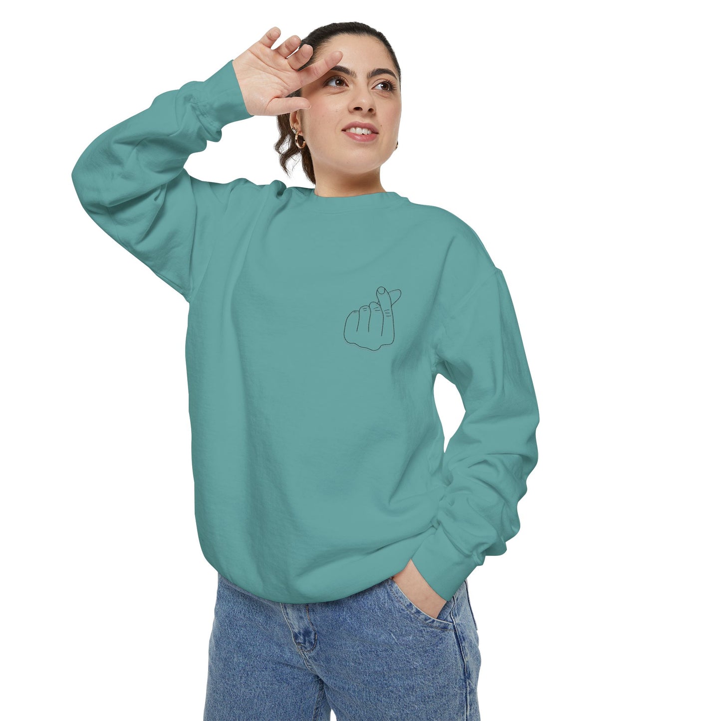 Minimalist Peace Hand Sweatshirt — Small Chest Line Art Crewneck