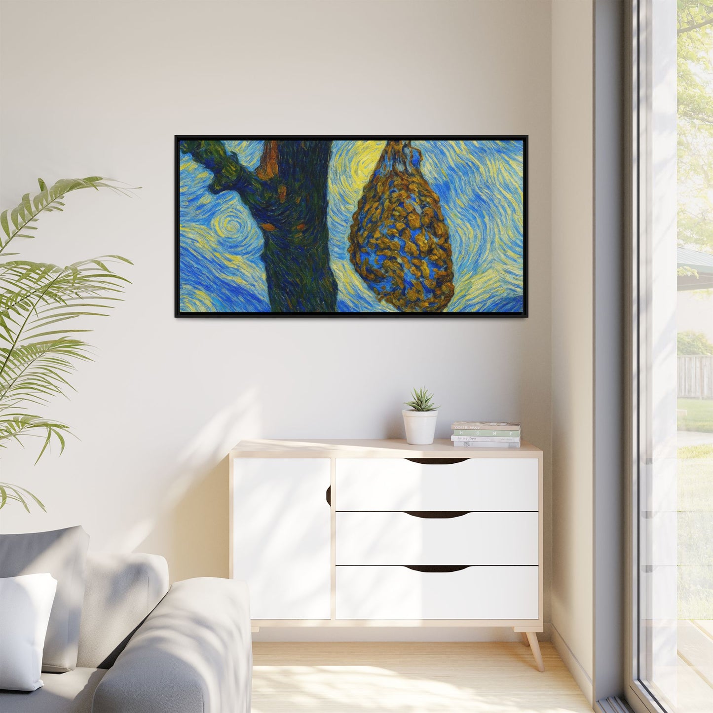 Framed Matte Canvas Art — Van Gogh-Style Swirling Night with Hanging Beehive