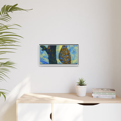 Framed Matte Canvas Art — Van Gogh-Style Swirling Night with Hanging Beehive