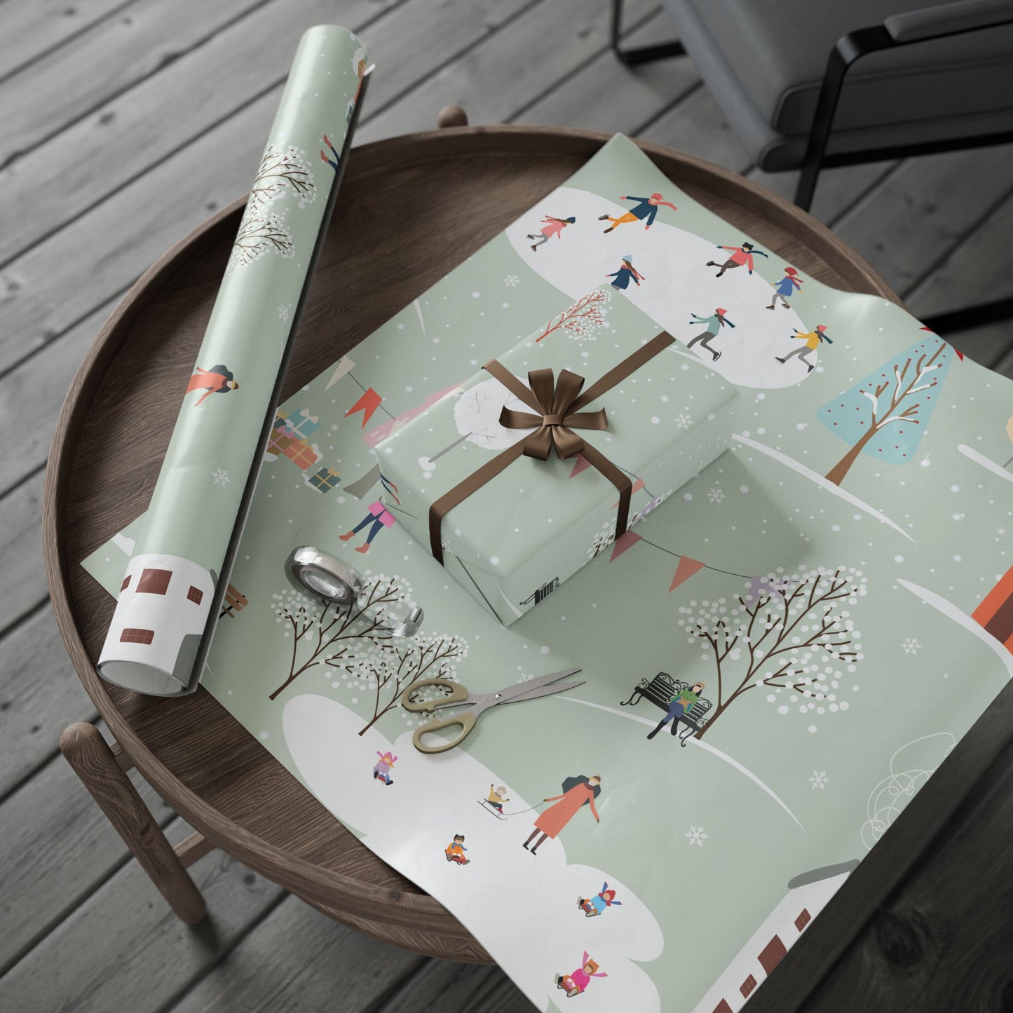 Winter Village Pattern Wrapping Paper | Holiday Snow Scene Roll