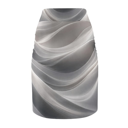 Gray abstract wave pattern pencil skirt with monochrome swirl design, featuring all-over print by Printify.