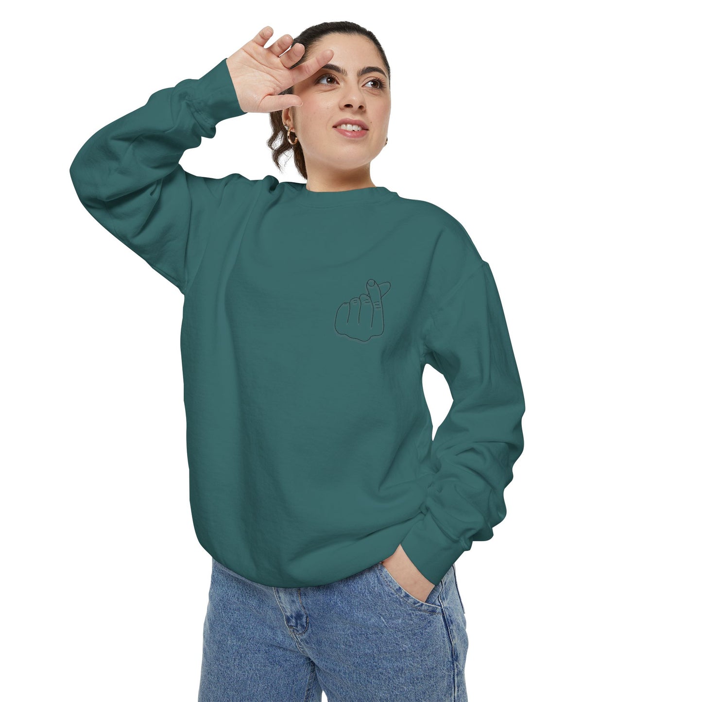 Minimalist Peace Hand Sweatshirt — Small Chest Line Art Crewneck