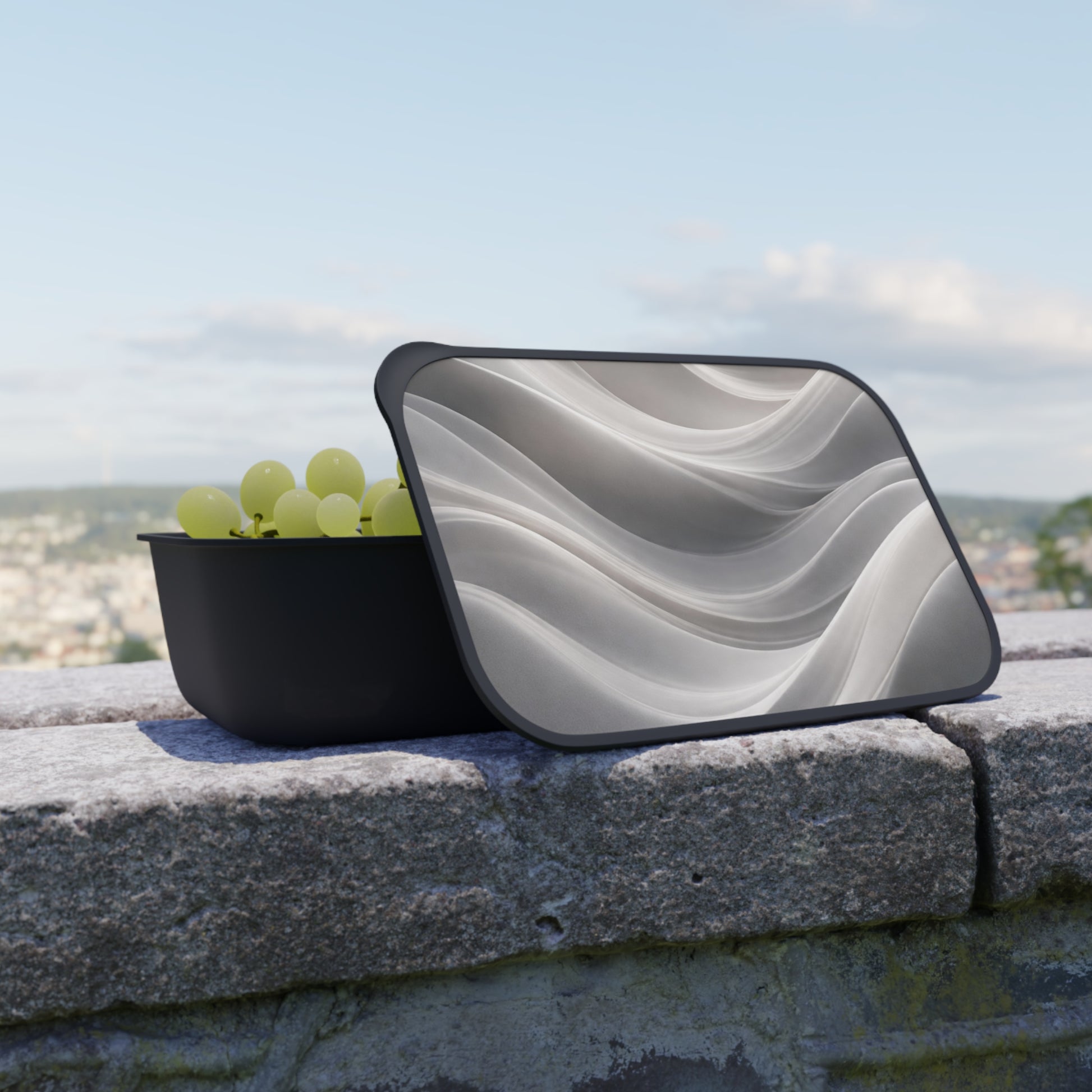 Abstract grey marble waves PLA bento box with band and utensils, eco-friendly lunch container by Printify.
