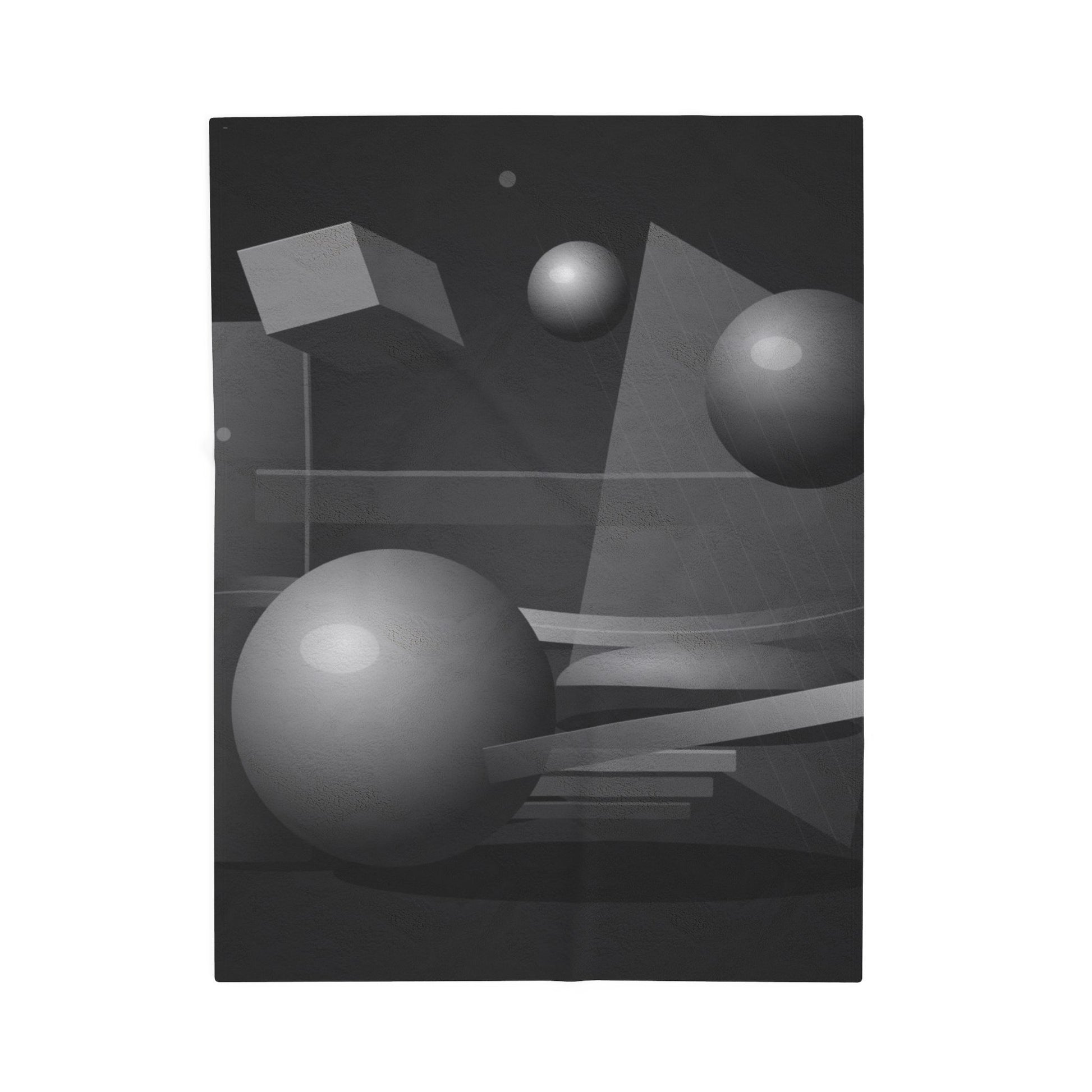 Velveteen plush blanket featuring 3D geometric spheres and abstract cube and sphere design in all-over print by Printify.