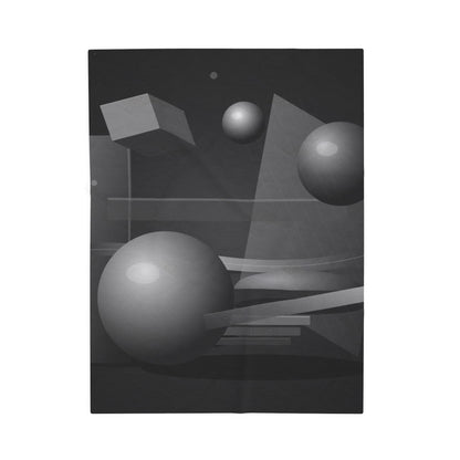 Velveteen plush blanket featuring 3D geometric spheres and abstract cube and sphere design in all-over print by Printify.