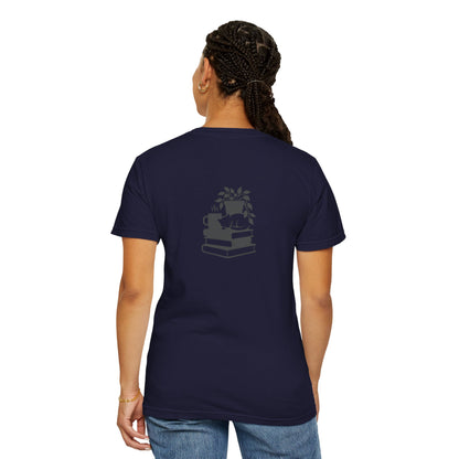 Cozy Cat on Books T-Shirt | Reading Tea Stack Illustration