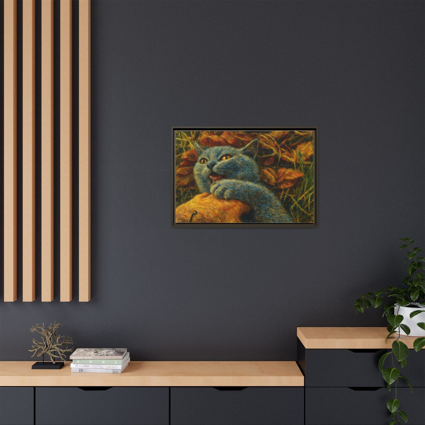 Whimsical Cat Wall Art, Blue Cat Framed Print, Colorful Canvas Decor, Pet Lover Gift, Funny Home Accent