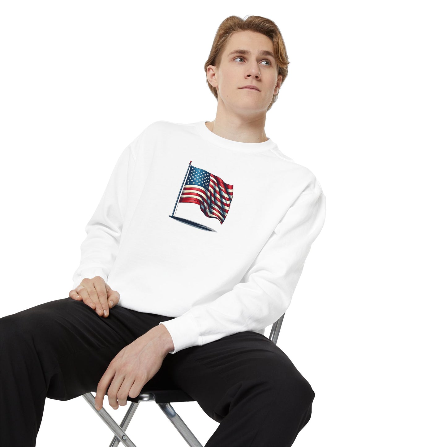 Patriotic Unisex Garment-Dyed Sweatshirt with Vintage American Flag, Cozy Fall Outfit, Statement Sweater, Gift for Veterans, Casual Fashion - TRV