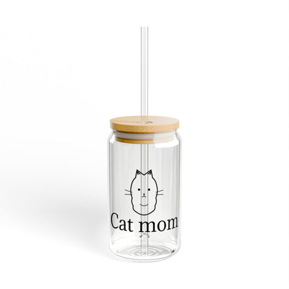 Cat Mom Sipper Glass - 16oz Cute Cat Lover Tumbler with Straw