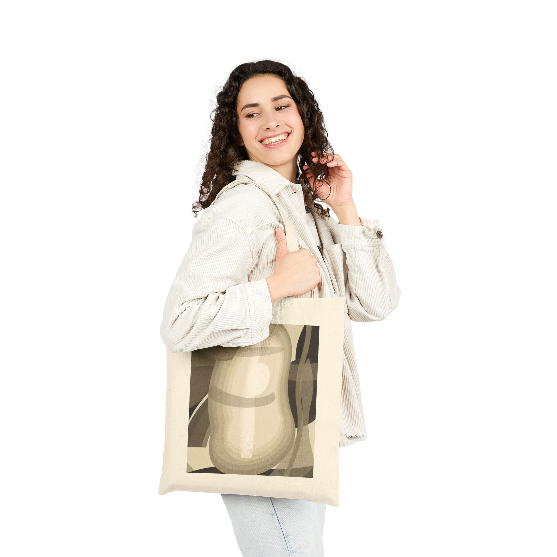 Abstract pear still life tote bag with neutral geometric fruit print, stylishly designed by Printify for everyday use.