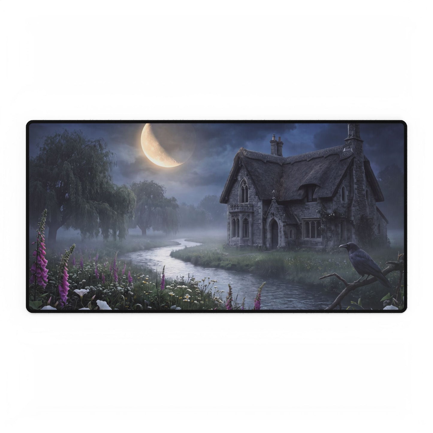 Moonlit Cottage Desk Mat | Night Cottage Artwork, River, Raven