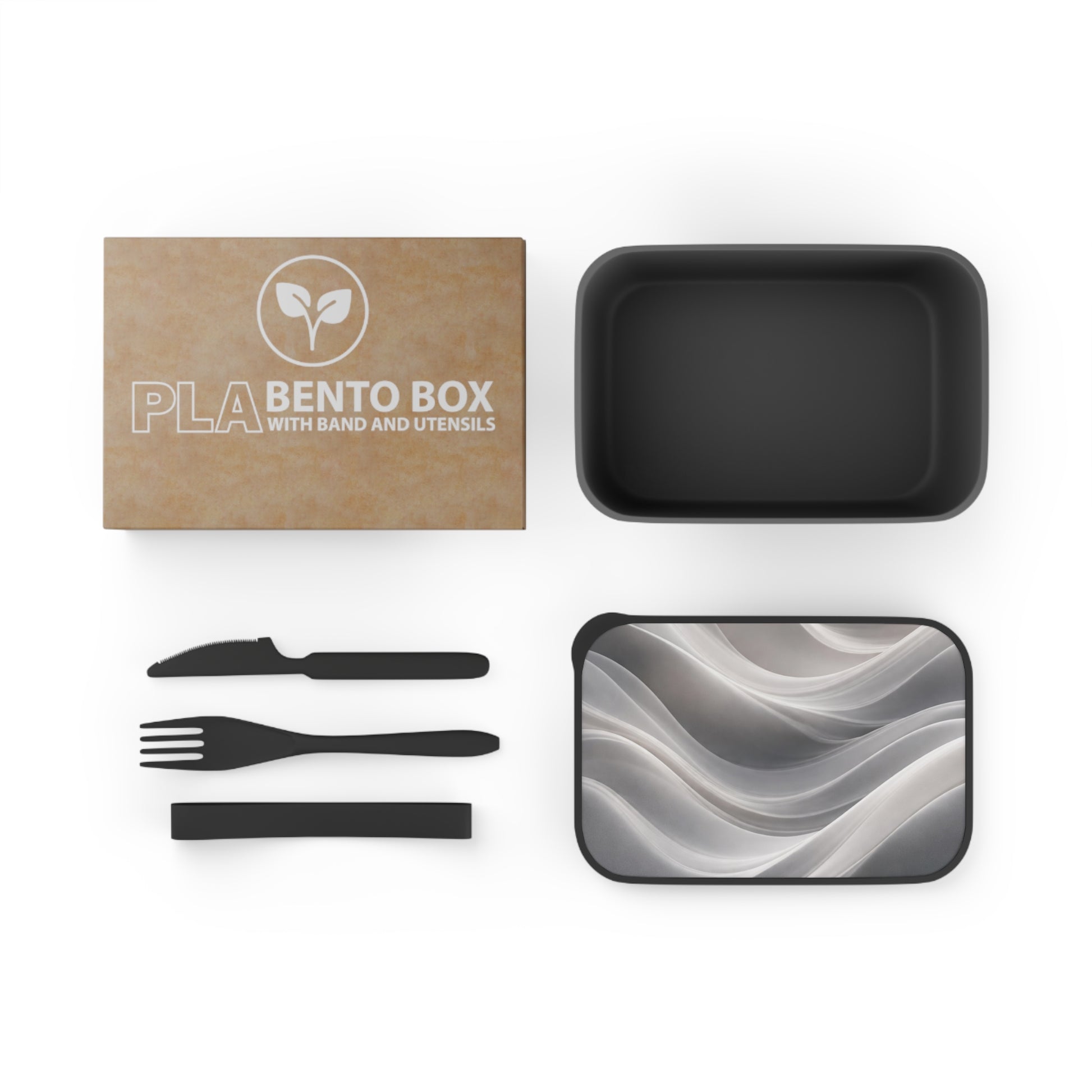 Abstract grey marble waves PLA bento box with band and utensils, eco-friendly lunch container by Printify for convenient meal storage.