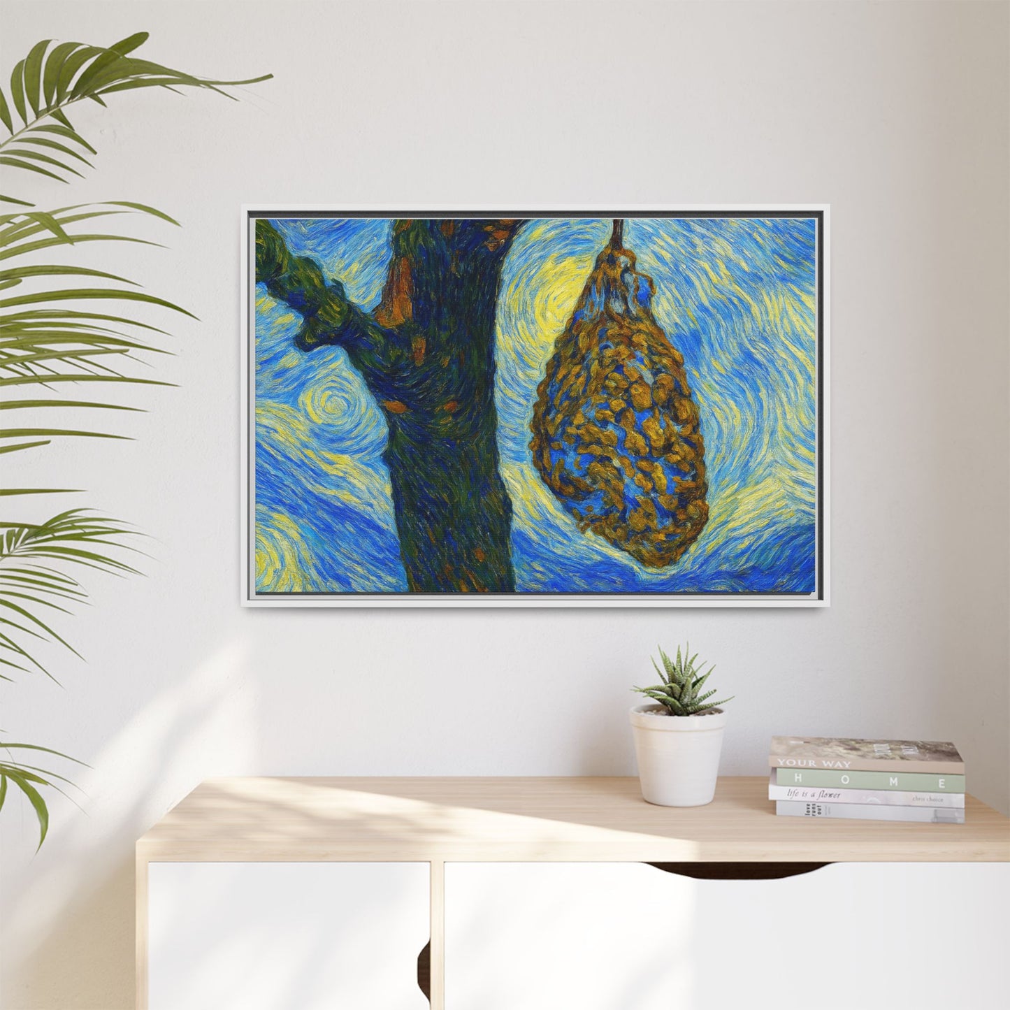 Framed Matte Canvas Art — Van Gogh-Style Swirling Night with Hanging Beehive