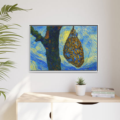 Framed Matte Canvas Art — Van Gogh-Style Swirling Night with Hanging Beehive