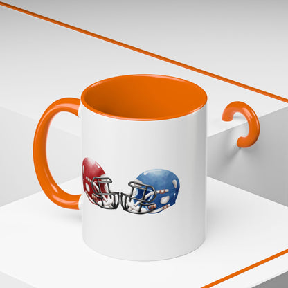 Football Helmet Coffee Mug — Red vs Blue Rivalry Accent Mug (11/15oz)