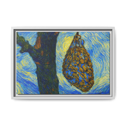 Framed Matte Canvas Art — Van Gogh-Style Swirling Night with Hanging Beehive