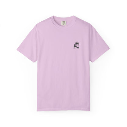 Cozy Cat on Books T-Shirt | Reading Tea Stack Illustration