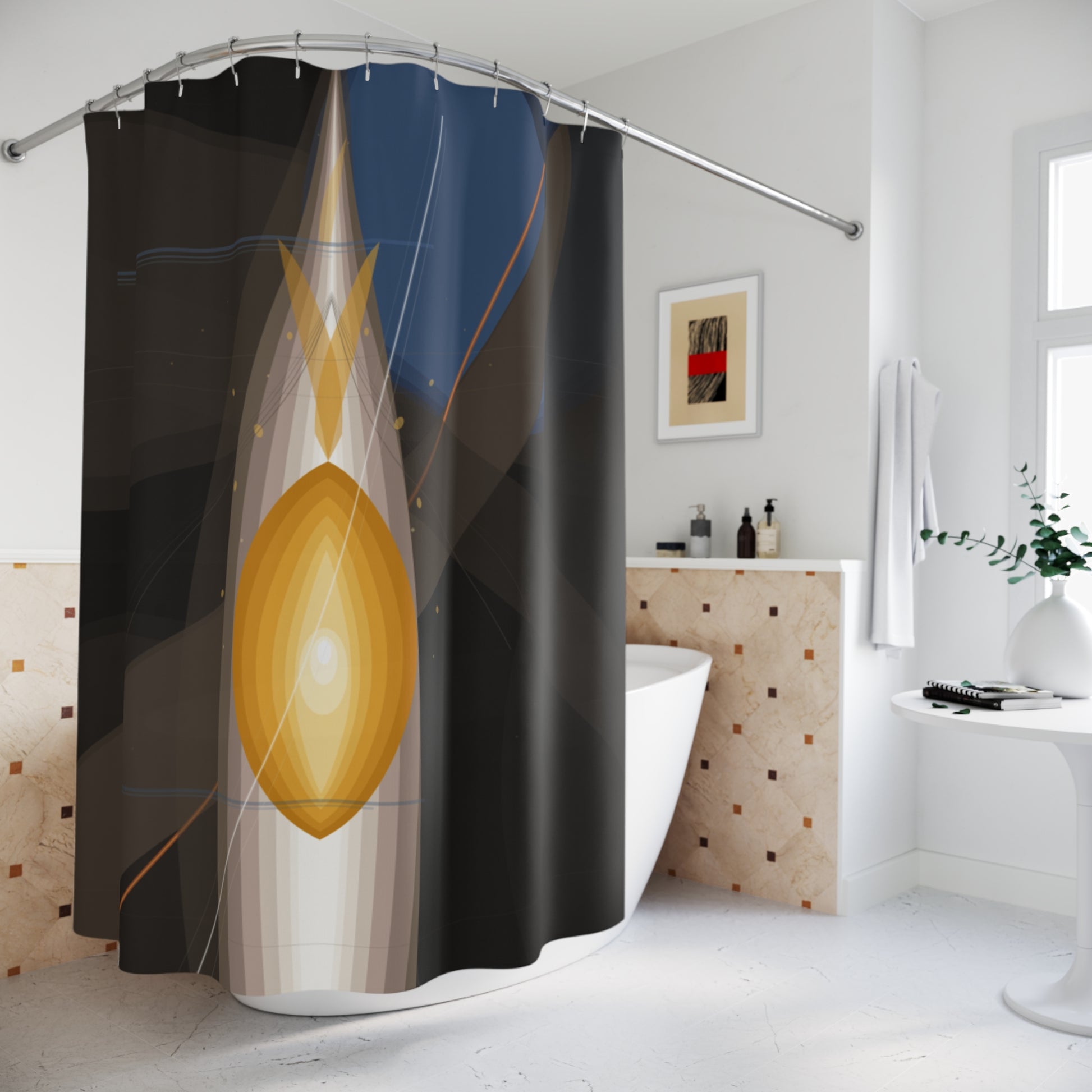 Abstract shower curtain from Printify featuring modern, colorful geometric patterns for stylish bathroom decor.