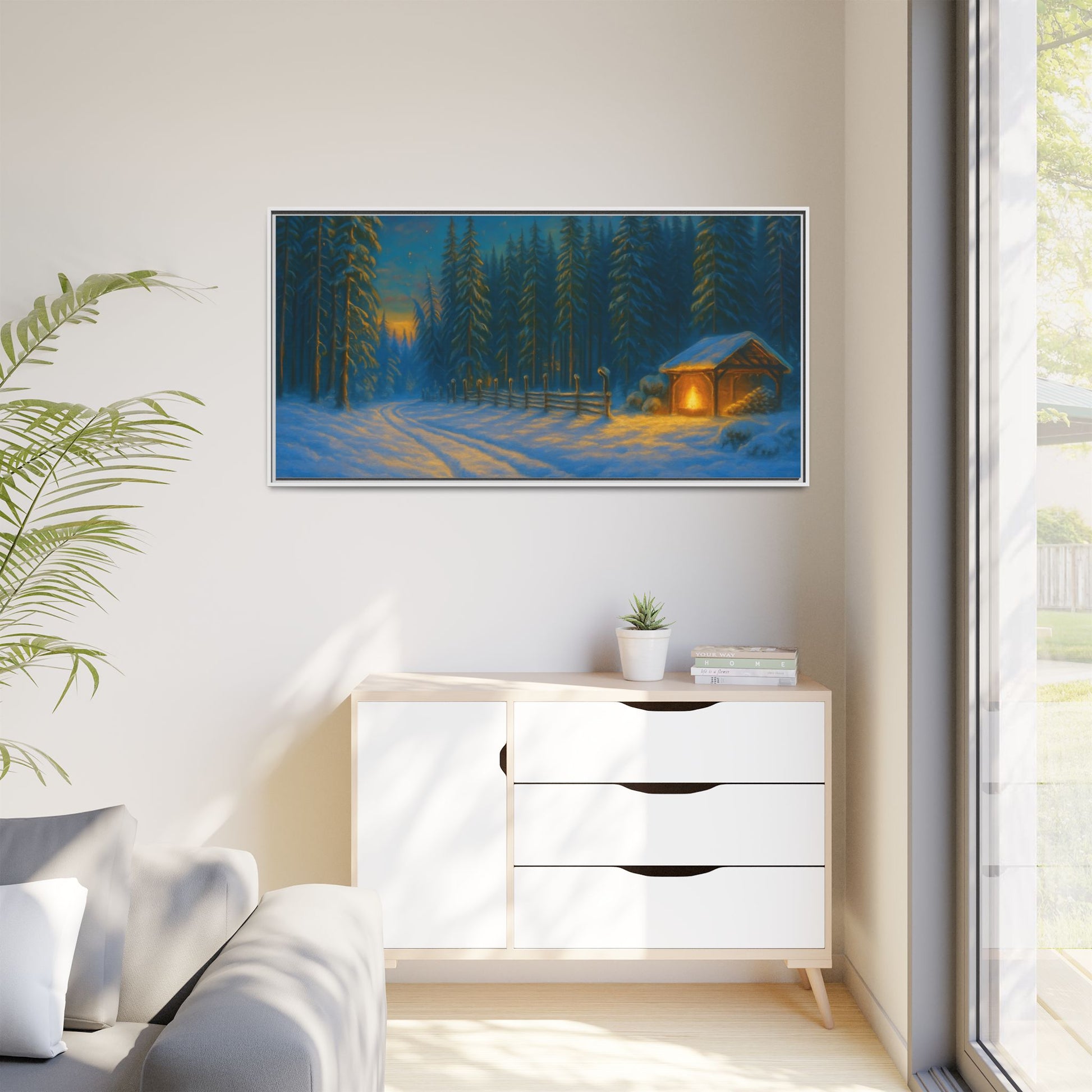Framed Winter Landscape Canvas, Cozy Cabin Art, Christmas Decor, Winter Home Decor, Holiday Gift, Wall Art - TRV