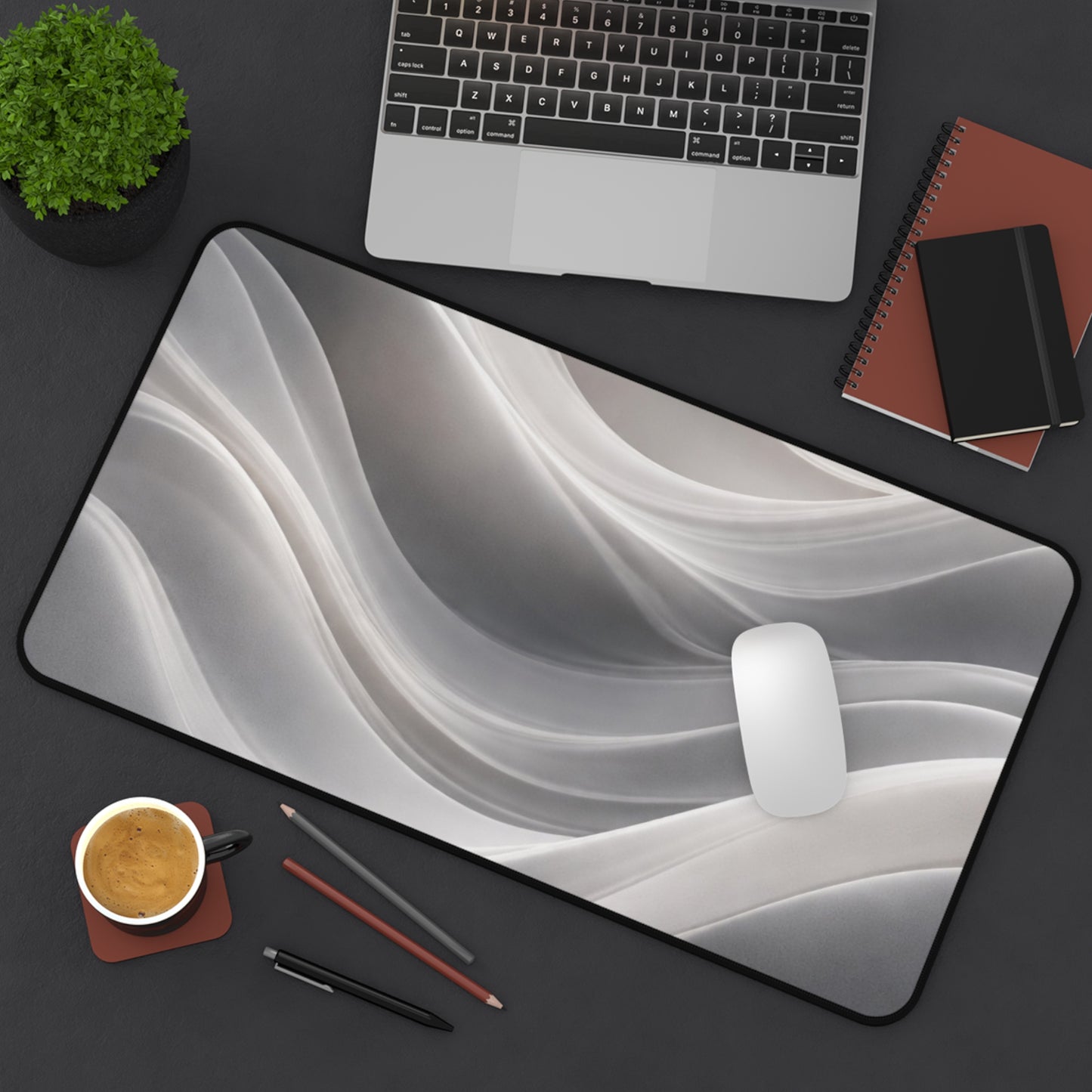 Neutral Abstract Waves Desk Mat | Gray Marble Swirl Surface