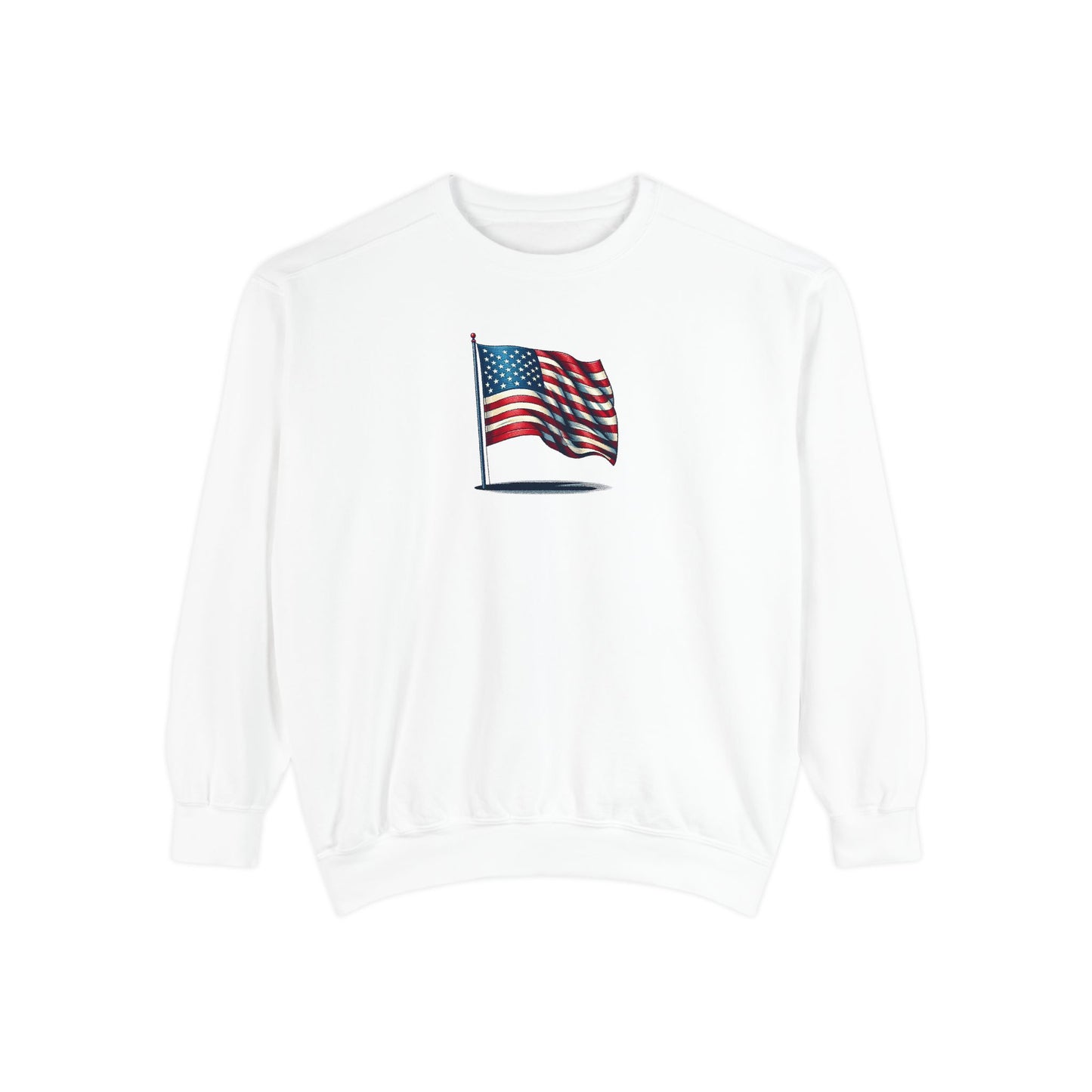 Patriotic Unisex Garment-Dyed Sweatshirt with Vintage American Flag, Cozy Fall Outfit, Statement Sweater, Gift for Veterans, Casual Fashion - TRV