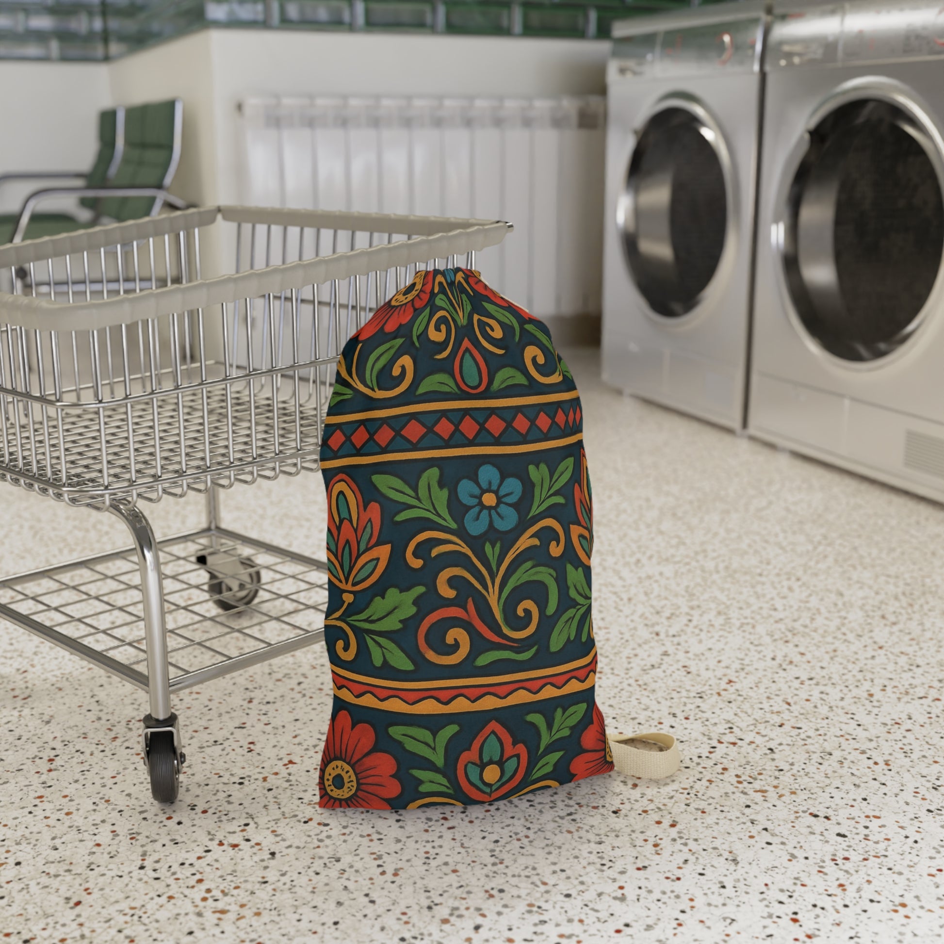 Folk Floral Pattern Laundry Bag | Boho Floral Drawstring Bag - TRV
