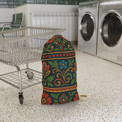 Folk Floral Pattern Laundry Bag | Boho Floral Drawstring Bag - TRV