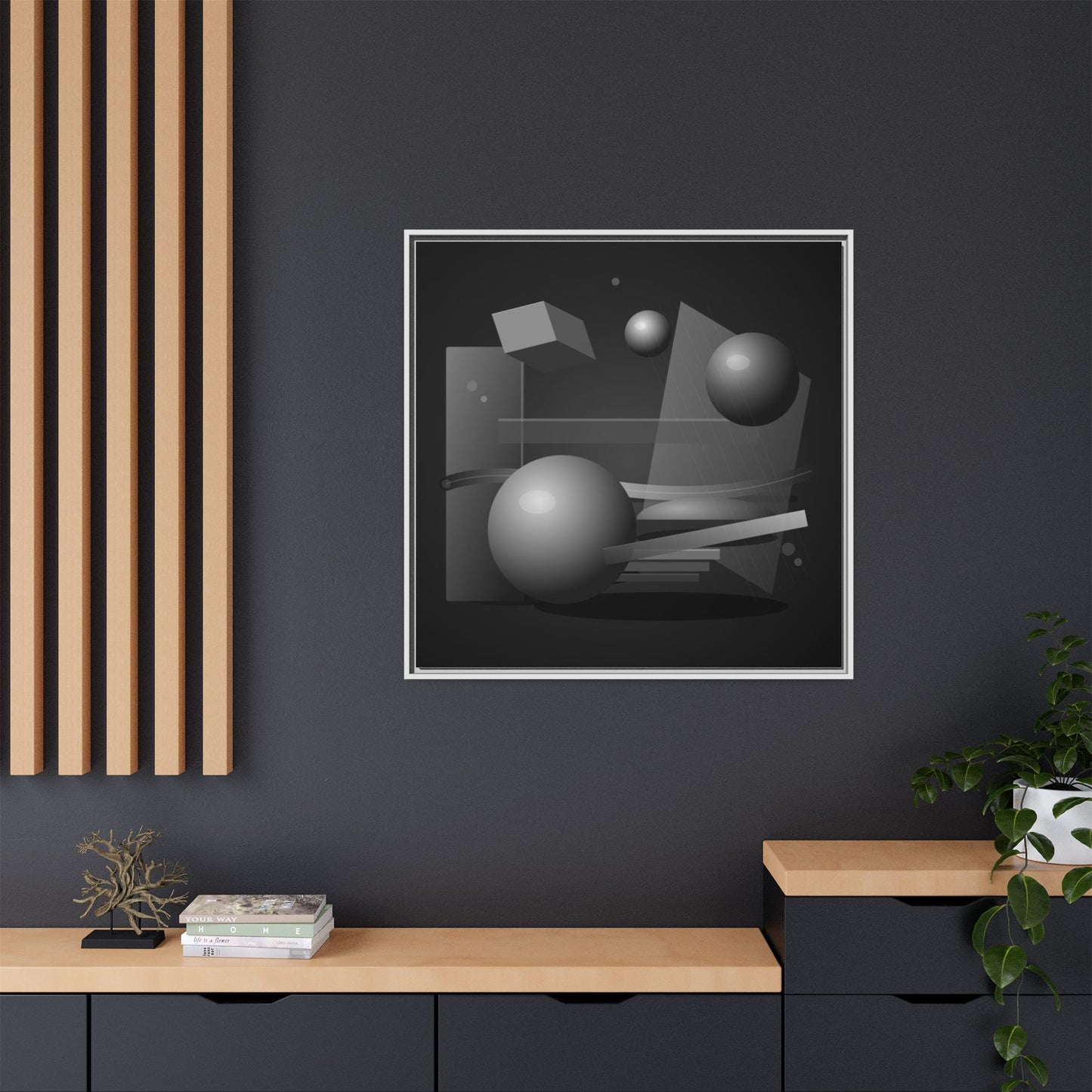 Monochrome Geometric Spheres Canvas Framed Wall Art | Matte Print