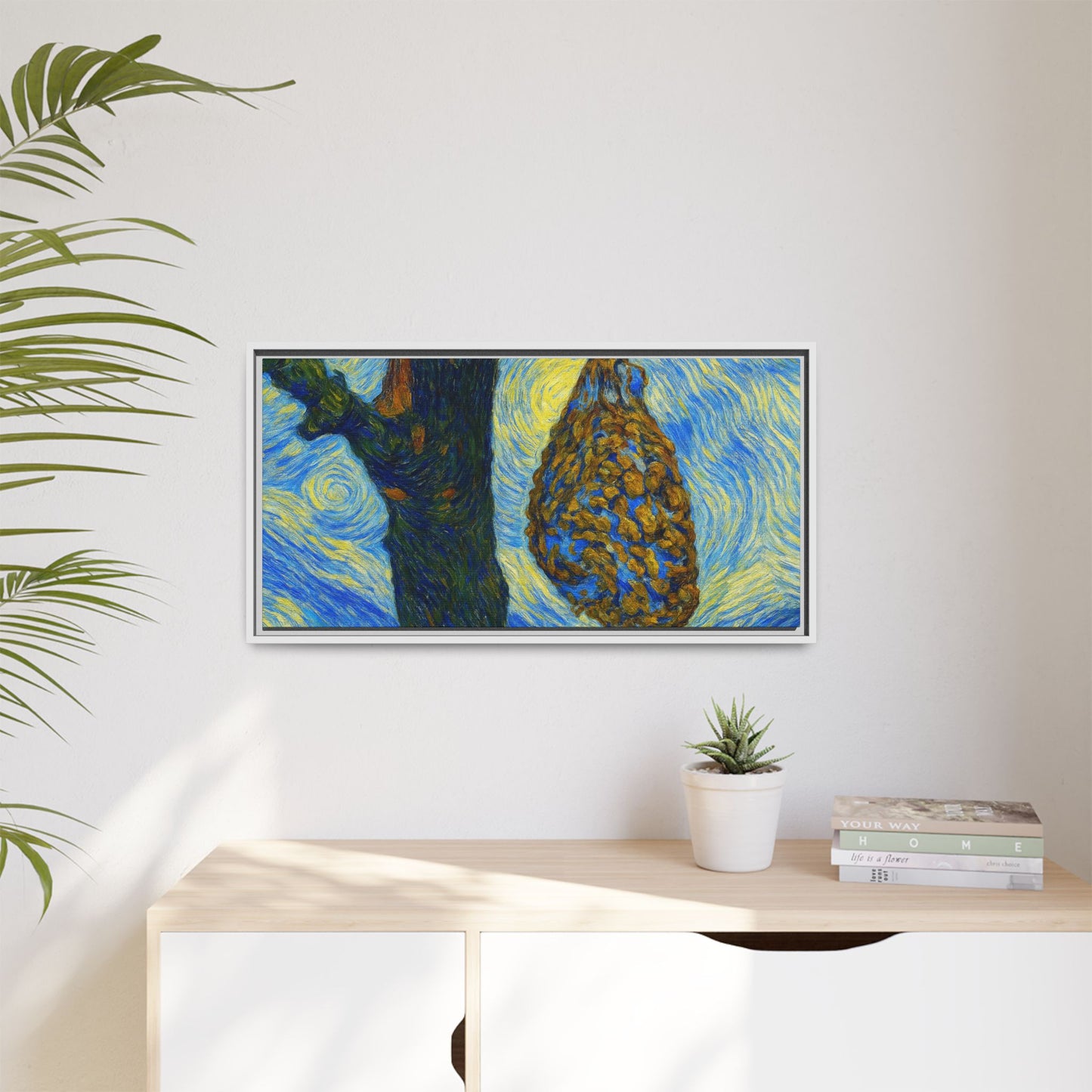 Framed Matte Canvas Art — Van Gogh-Style Swirling Night with Hanging Beehive