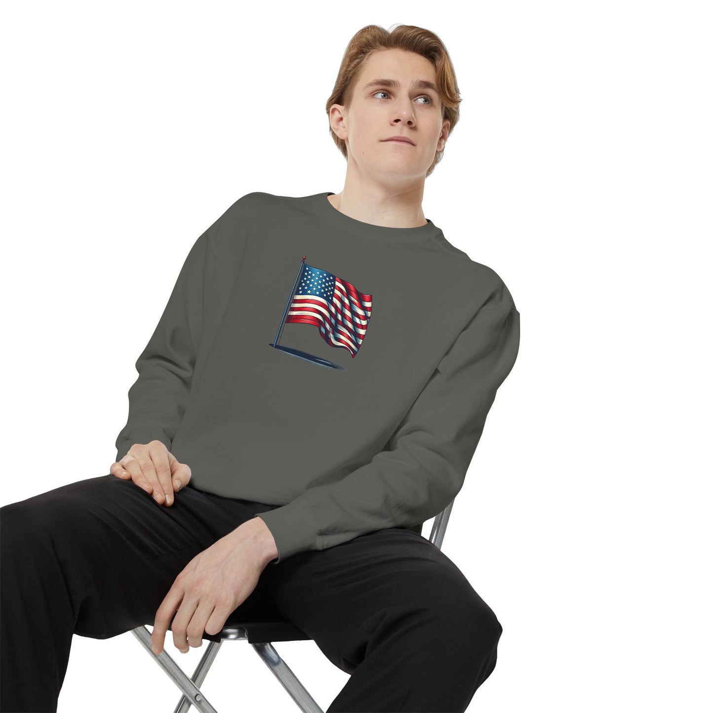 Patriotic Unisex Garment-Dyed Sweatshirt with Vintage American Flag, Cozy Fall Outfit, Statement Sweater, Gift for Veterans, Casual Fashion - TRV