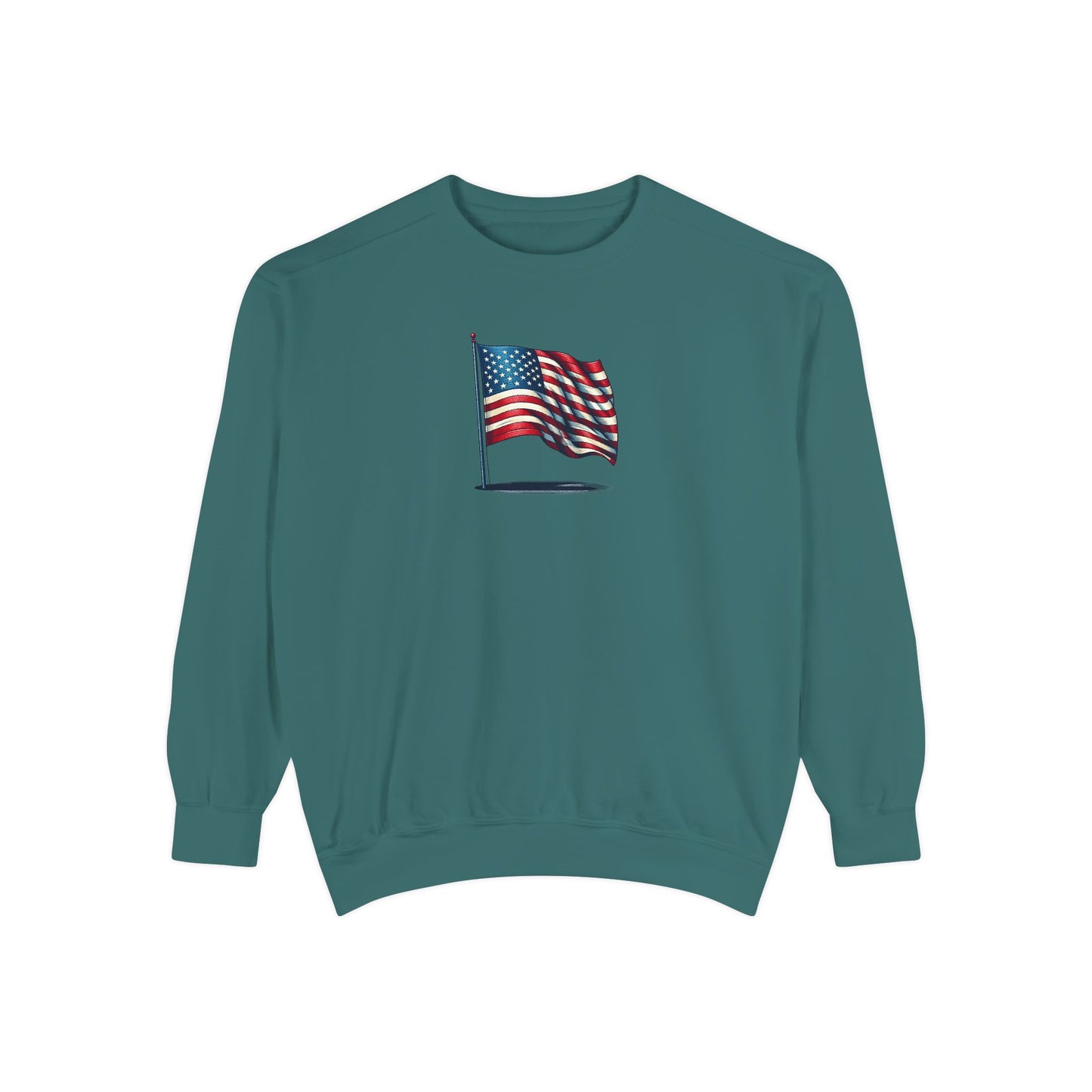 Patriotic Unisex Garment-Dyed Sweatshirt with Vintage American Flag, Cozy Fall Outfit, Statement Sweater, Gift for Veterans, Casual Fashion - TRV