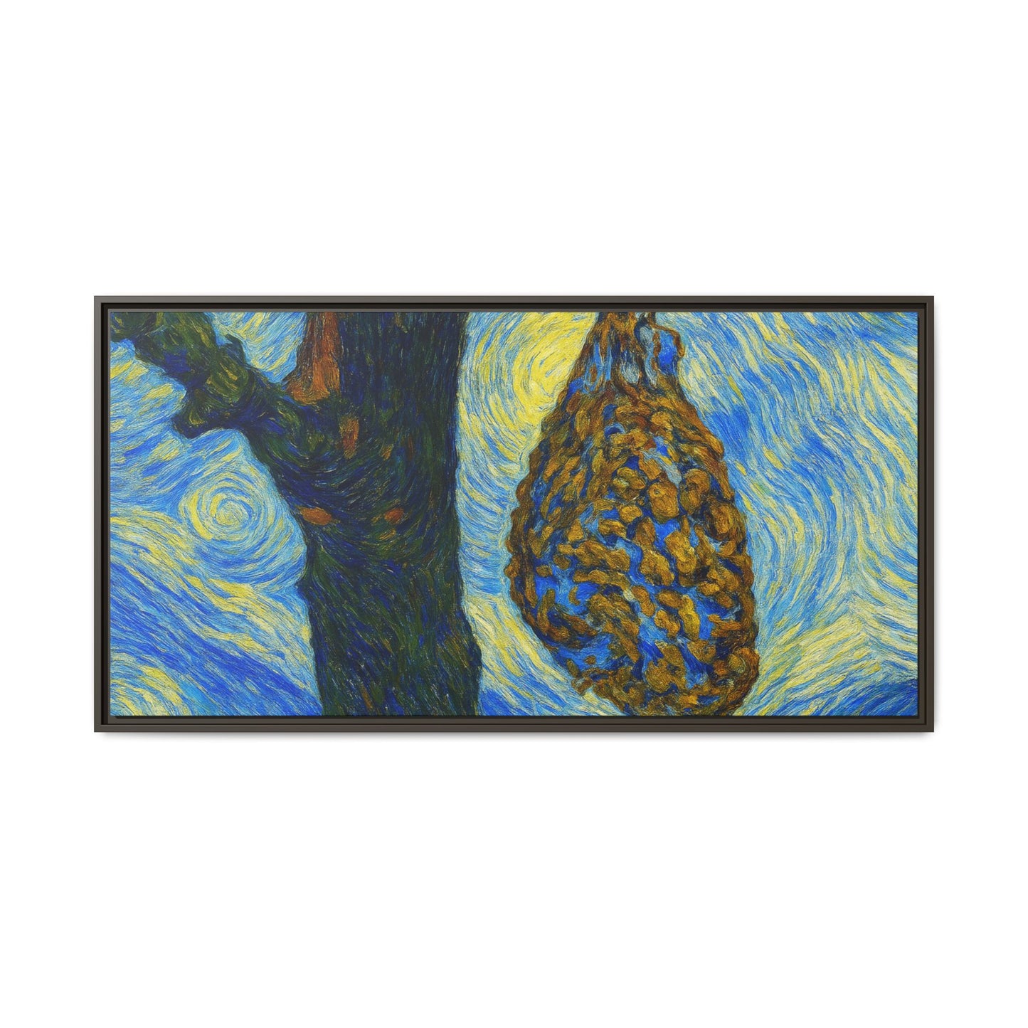 Framed Matte Canvas Art — Van Gogh-Style Swirling Night with Hanging Beehive