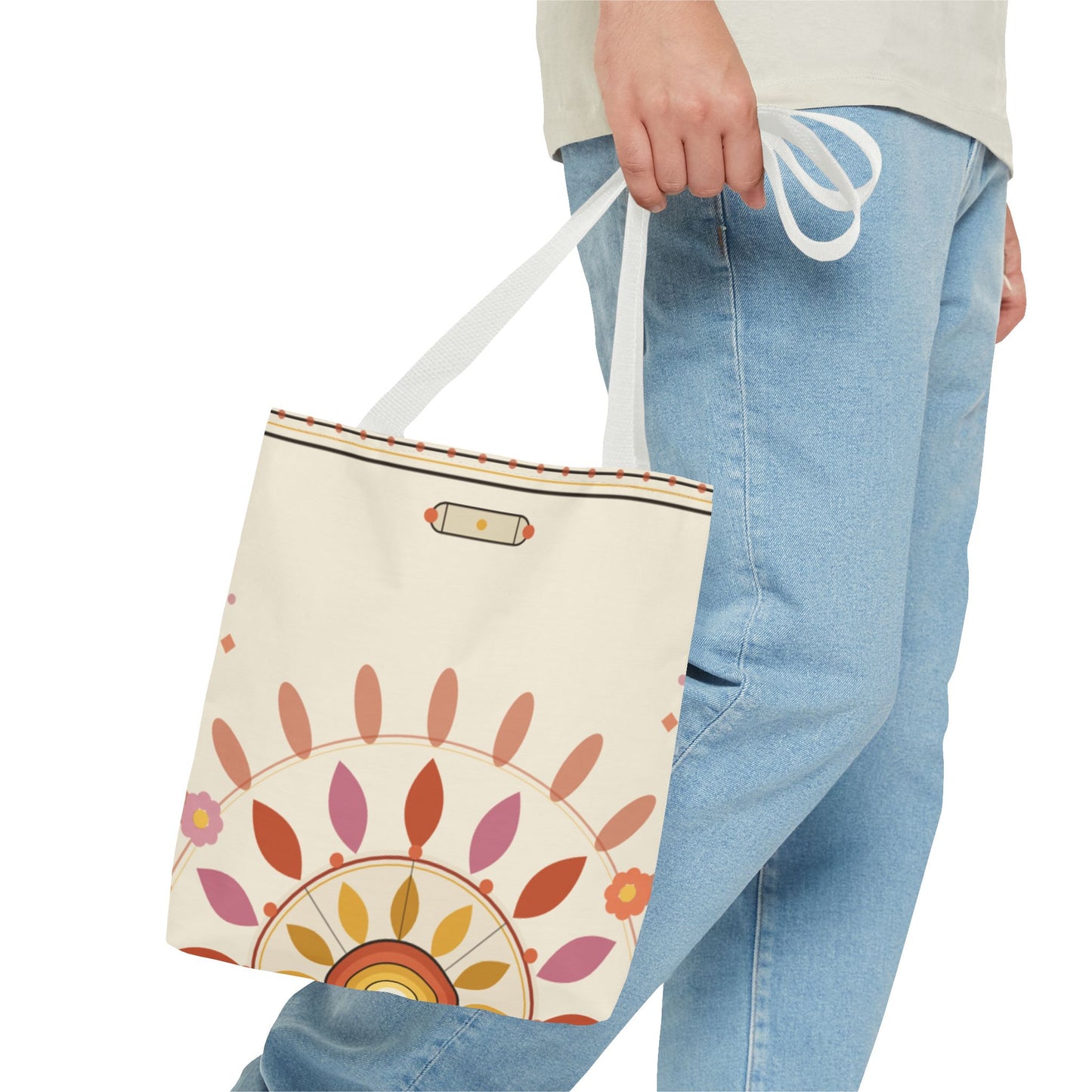 Boho Floral Mandala Tote Bag | Pastel Sunburst Pattern