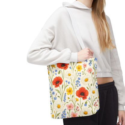 Wildflower Poppy Print Tote Bag | Floral All-Over Pattern
