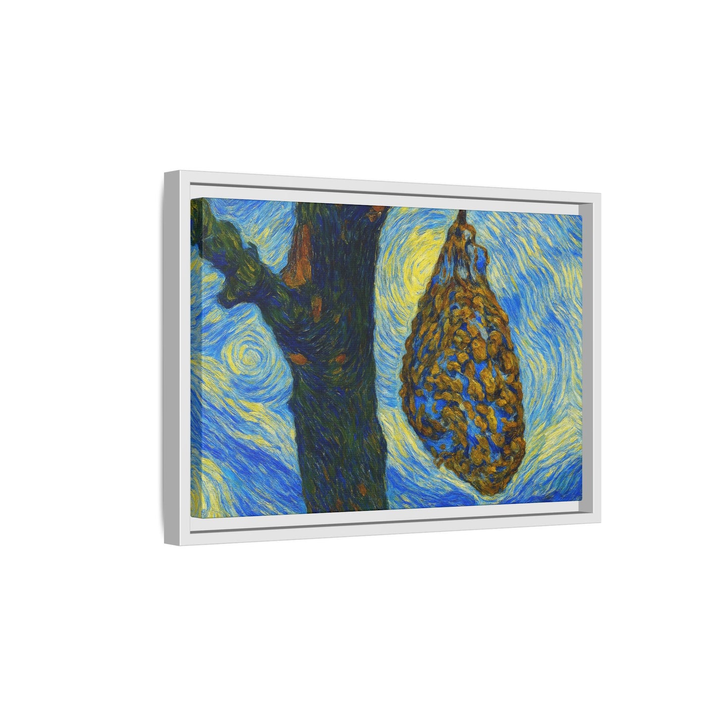 Framed Matte Canvas Art — Van Gogh-Style Swirling Night with Hanging Beehive