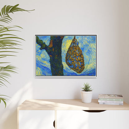 Framed Matte Canvas Art — Van Gogh-Style Swirling Night with Hanging Beehive