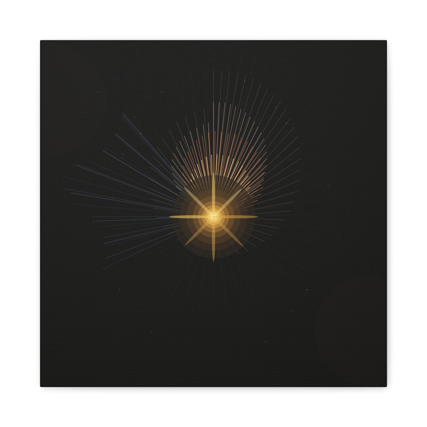 Abstract golden starburst canvas artwork by Printify featuring vibrant gold and white starburst design on a stretched canvas.